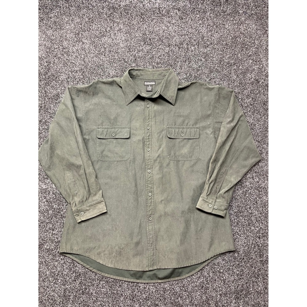 Montage Collection Mens XL Faux Suede Button Down Shirt Olive Green Long Sleeve